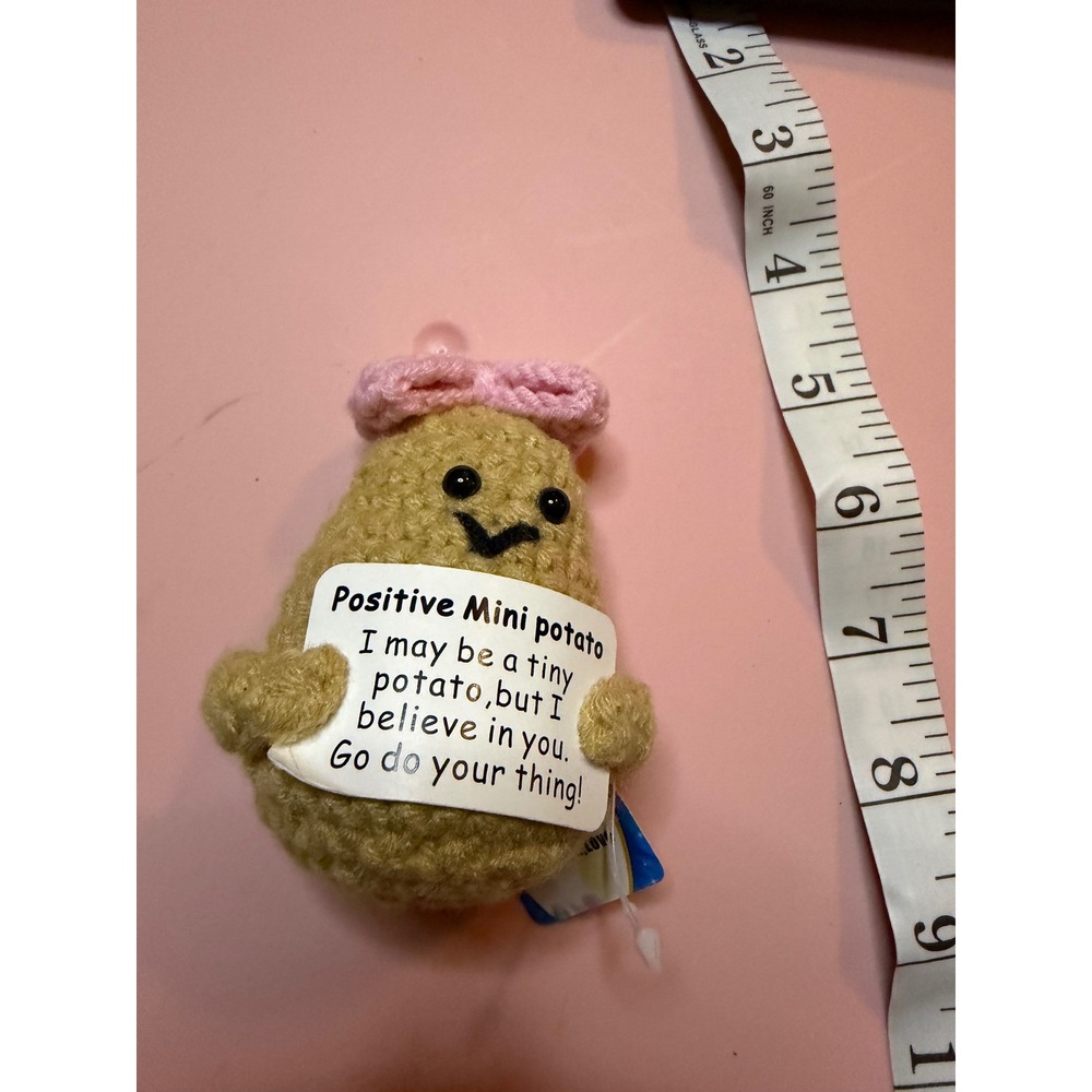 Gyakfly Positive Mini Potato Crochet Plush‎ Motivational Gift Pink Bow Tan 3"